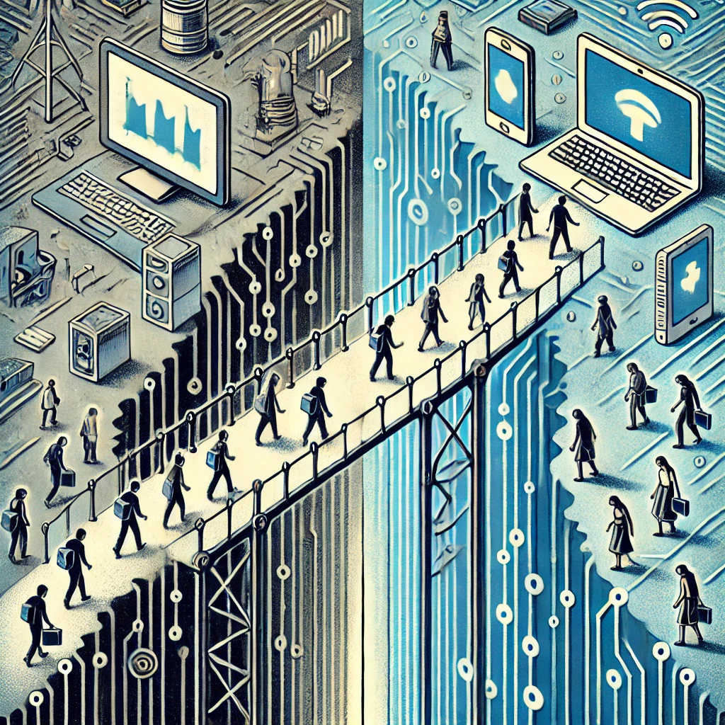 DALL·E 2024 10 01 13.28.52 An Illustration Depicting A Symbolic Bridge That Divides Technology From People, Highlighting The Concept Of The Digital Divide. On One Side Of The Br